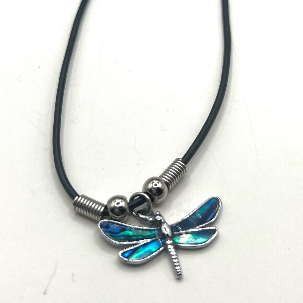 Dragonfly blue green and silver necklace choker cord chain